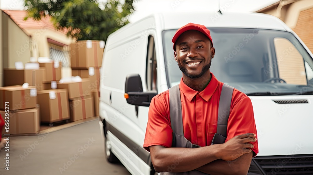 Delivery man standing in front of his van, ready to deliver packages. He is wearing a red cap and a red uniform. He has a friendly smile on his face. Delivery man standing in front of his van, ready to deliver packages. He is wearing a red cap and a red uniform. He has a friendly smile on his face.