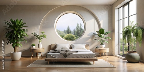 Minimalist bedroom interior featuring a large round window, plants, and neutral colors, minimalist photo