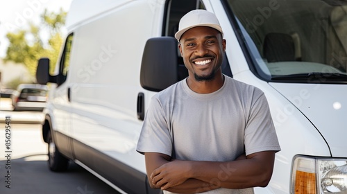 Smiling delivery man standing with arms crossed in front of his van, ready to deliver packages. © BozStock