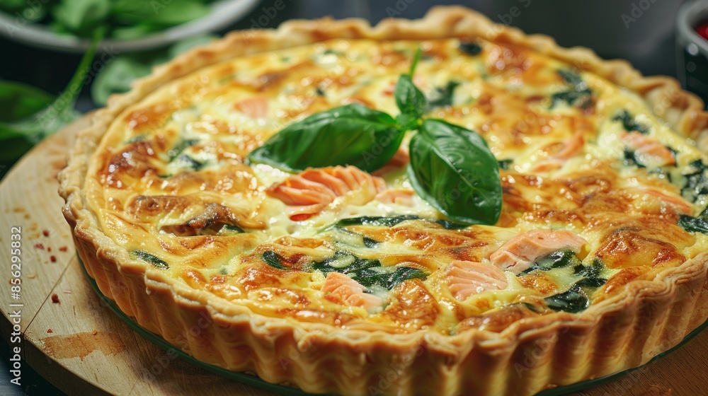 quiche with spinach and salmon and bechamel sauce on a wooden platter with fresh leaves quiche with spinach and salmon and bechamel sauce on a wooden platter with fresh leaves