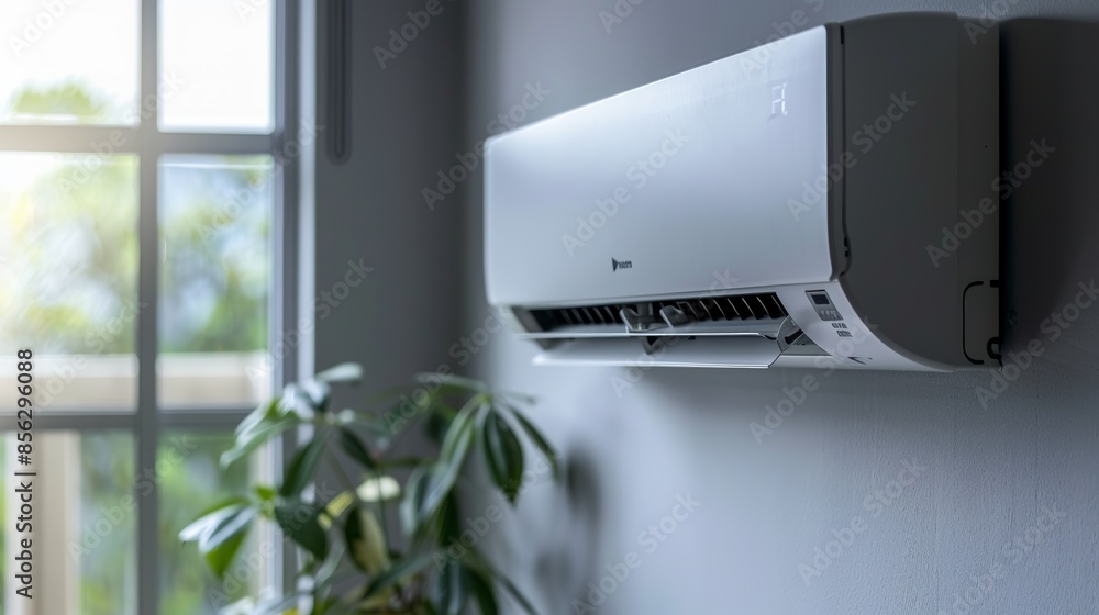A modern air conditioner mounted on a white wall. A modern air conditioner mounted on a white wall.