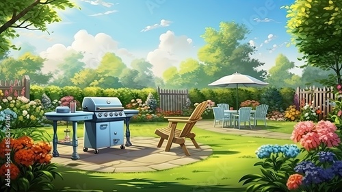 A lush green backyard with a grill, patio furniture, and a garden full of flowers. The perfect place to relax and enjoy a summer day.