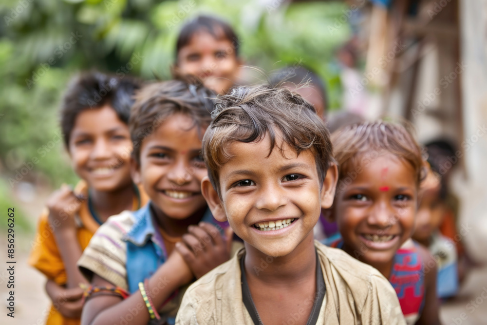 Group of diverse, cheerful multi-ethnic children from India smiling and looking at the camera outdoors Group of diverse, cheerful multi-ethnic children from India smiling and looking at the camera outdoors