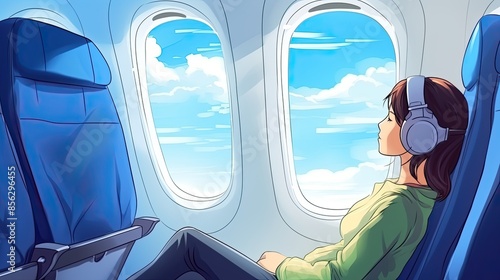 A young woman listens to her vibe on the plane. She is wearing headphones and looking out the window at the sky.