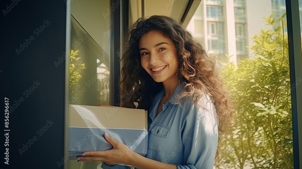 Young attractive woman holding a cardboard box, smiling at the camera. She is standing in front of a door, ready to deliver the package. Young attractive woman holding a cardboard box, smiling at the camera. She is standing in front of a door, ready to deliver the package.