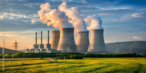 A large power plant with smoke billowing from it. The sky is cloudy and the sun is setting