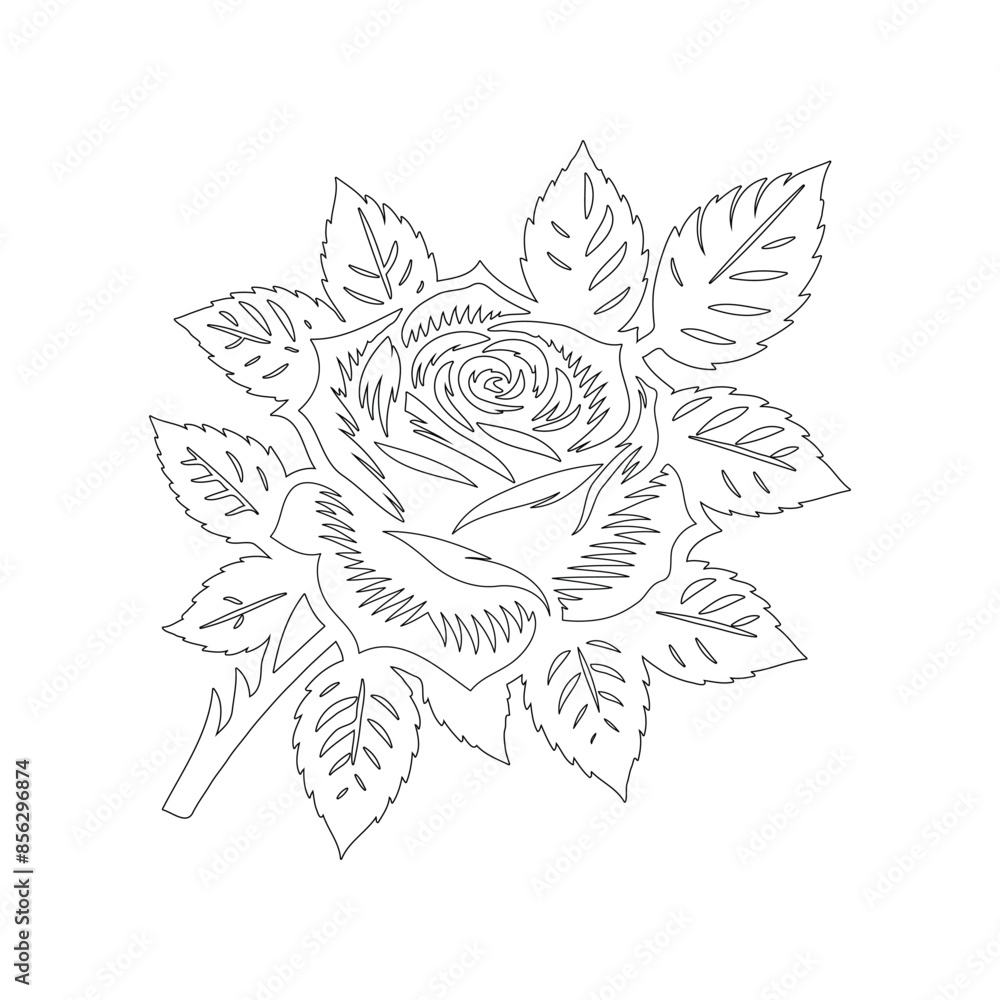 Fototapeta premium Minimalist Outline Rose Flower with Leaves Vector Isolated