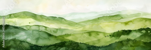 A painting of a green mountain range with trees. The painting has a peaceful and serene mood, with the green hills and trees creating a sense of calm and tranquility