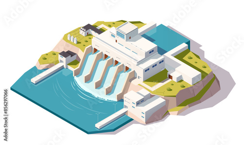 Isometric illustration of a hydroelectric power station on a white background. Concept of sustainable energy. Vector illustration