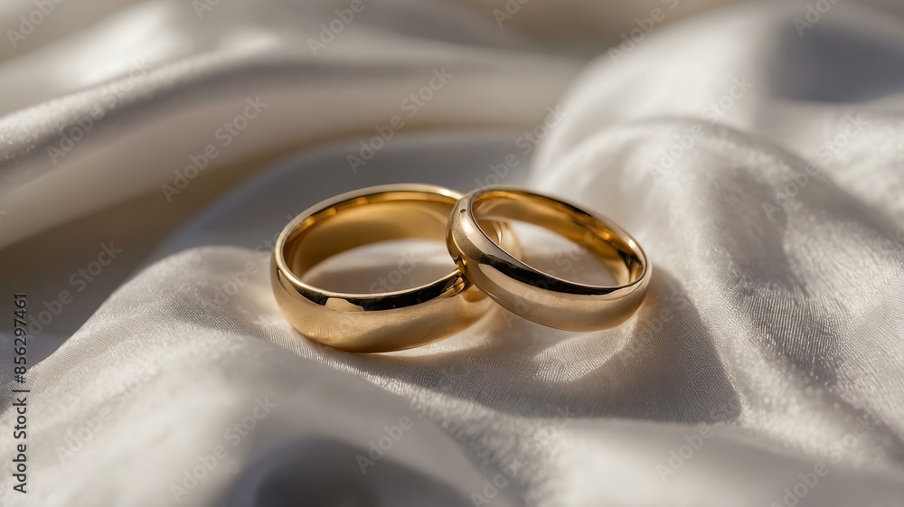 Two gold wedding rings, one slightly larger than other, laying side-by-side on white silk fabric, likely for wedding or engagement photoshoot Two gold wedding rings, one slightly larger than other, laying side-by-side on white silk fabric, likely for wedding or engagement photoshoot