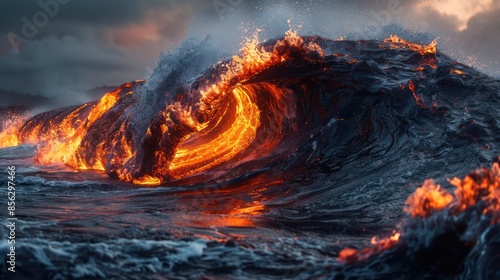 Fiery Flow: A Powerful Wave of Molten Metal Surges Through Industrial Environment