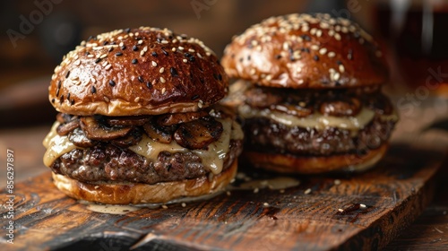 Beef, Cheese & Mushroom Burgers on Wooden Table - Indulgent & Unhealthy Fast Food