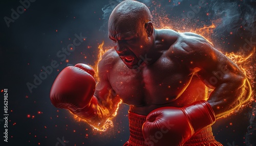 A muscular boxer in stance, with gloves ablaze, projects readiness and ferocity
