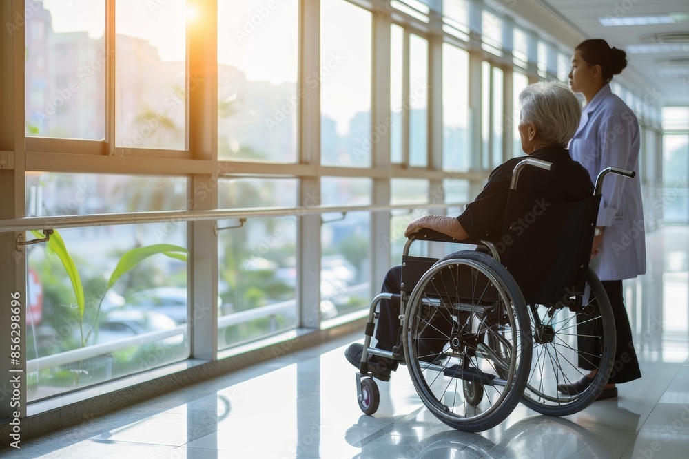 Contemplative elderly person in wheelchair, nurse nearby in bright hospital hallway Contemplative elderly person in wheelchair, nurse nearby in bright hospital hallway