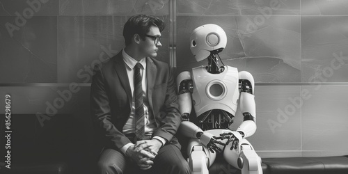 Disappointed job applicants sitting in the waiting room and staring at the AI robot candidate, they are waiting for the job interview