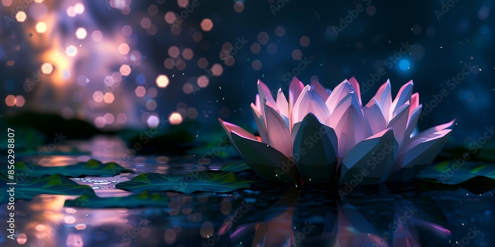 A pink flower is floating on the surface of a body of water. The water is dark blue and the flower is surrounded by a lot of light A pink flower is floating on the surface of a body of water. The water is dark blue and the flower is surrounded by a lot of light