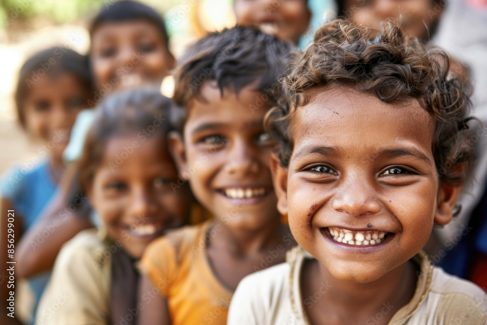Group of diverse, cheerful multi-ethnic children from India smiling and looking at the camera outdoors Group of diverse, cheerful multi-ethnic children from India smiling and looking at the camera outdoors