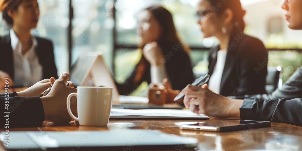 A group of women are sitting around a table with laptops and papers. One of the women is holding a pen and looking at her laptop. Scene is professional and focused A group of women are sitting around a table with laptops and papers. One of the women is holding a pen and looking at her laptop. Scene is professional and focused