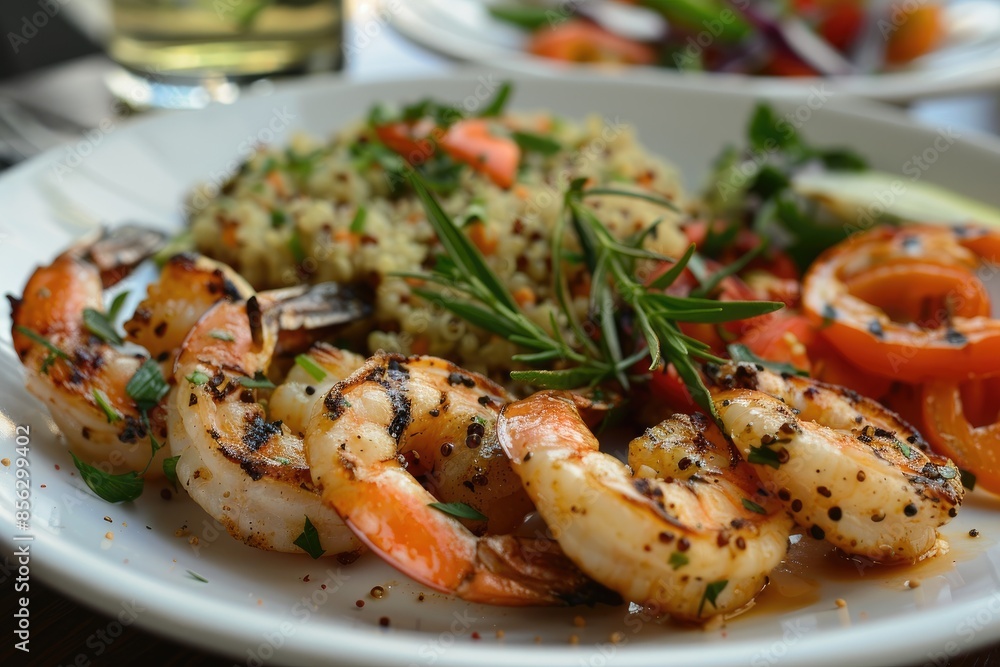 A beautifully arranged plate of grilled shrimp with a side of quinoa and vegetables A beautifully arranged plate of grilled shrimp with a side of quinoa and vegetables