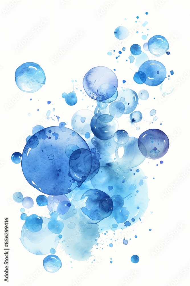 A painting of blue bubbles with a white background. The bubbles are scattered all over the painting, creating a sense of movement and energy A painting of blue bubbles with a white background. The bubbles are scattered all over the painting, creating a sense of movement and energy