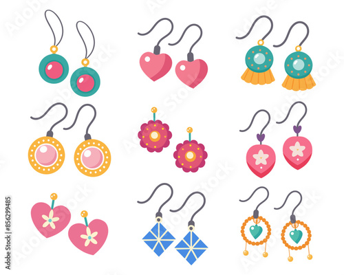 Kids jewelry set. Colorful handmade earrings with plastic beads, stars, hearts, flowers. Illustration in flat style. Vector
