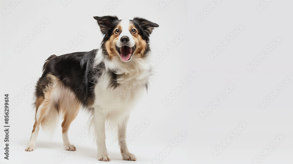 Border Collie dog with black, white, and brown fur standing posing happily on white background Border Collie dog with black, white, and brown fur standing posing happily on white background
