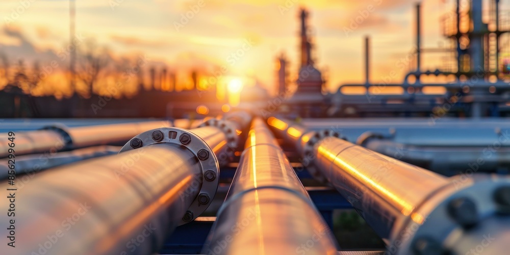A detailed view of industrial gas pipelines at sunset, with a focus on the metal pipe connections. A detailed view of industrial gas pipelines at sunset, with a focus on the metal pipe connections.