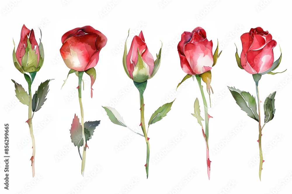 Fototapeta premium A row of red roses with green leaves. The roses are painted in watercolor and arranged in a line. Concept of beauty and elegance, as well as the delicate nature of the roses