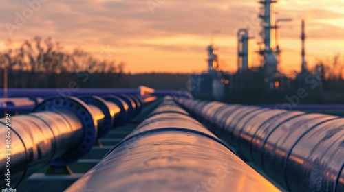 A close-up view of a gas pipeline with industrial structures in the background, showing metal textures and connections.