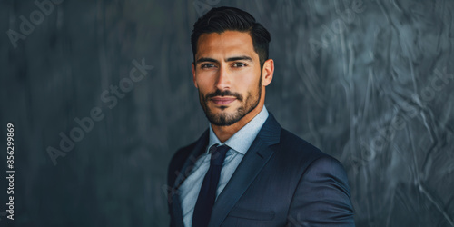 Portrait of a handsome hispanic man in a blue suit