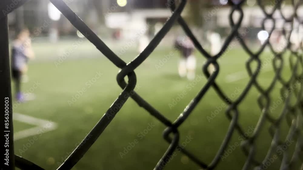 Green football field, soccer goals with nets and fences. Play ball in a stadium background, active competition for teams. Ground lines mark the match outdoors, playground pitch with white turf. Summer Green football field, soccer goals with nets and fences. Play ball in a stadium background, active competition for teams. Ground lines mark the match outdoors, playground pitch with white turf. Summer