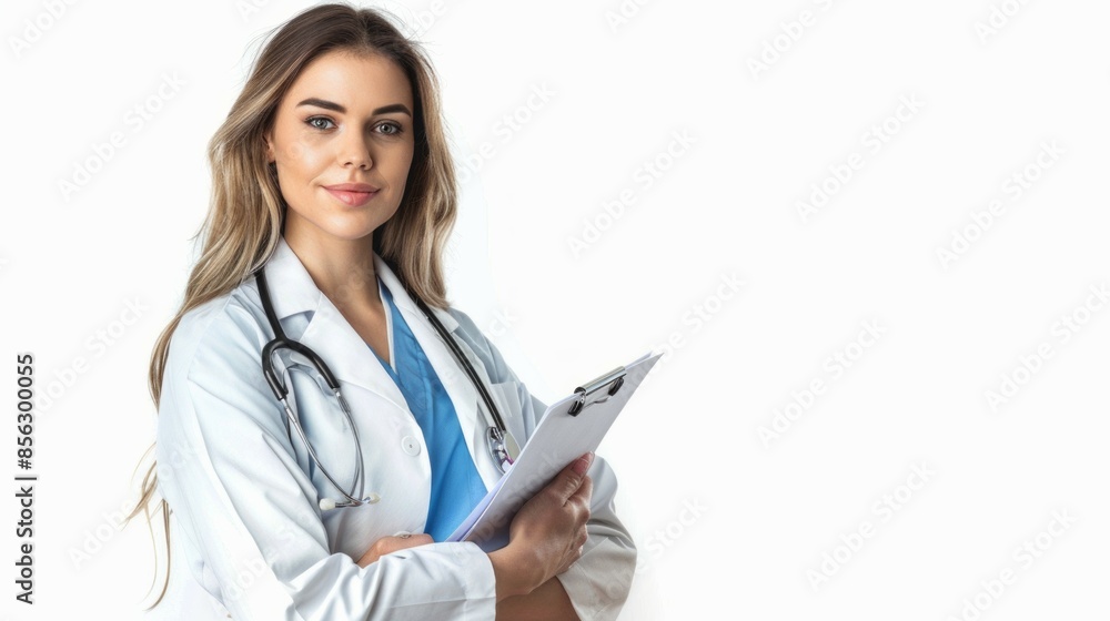 Smiling female doctor in lab coat with arms crossed over gray background
Smiling female doctor in lab coat with arms crossed over gray background