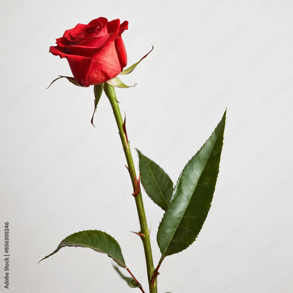 Obraz premium A red rose on a green stalk and white colour background.