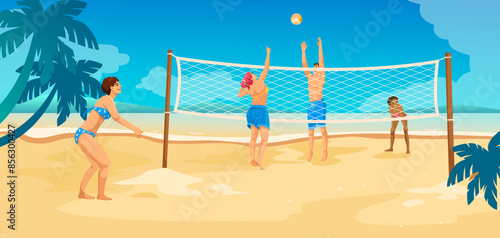 Group of people playing volleyball on the beach with palm trees in the background. Vector illustration