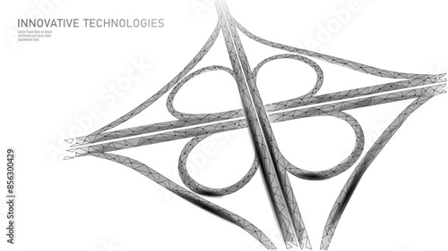 3D road junction transport system, intersection of two roads. Expressway cross night. Polygonal low poly lines glowing vector illustration background