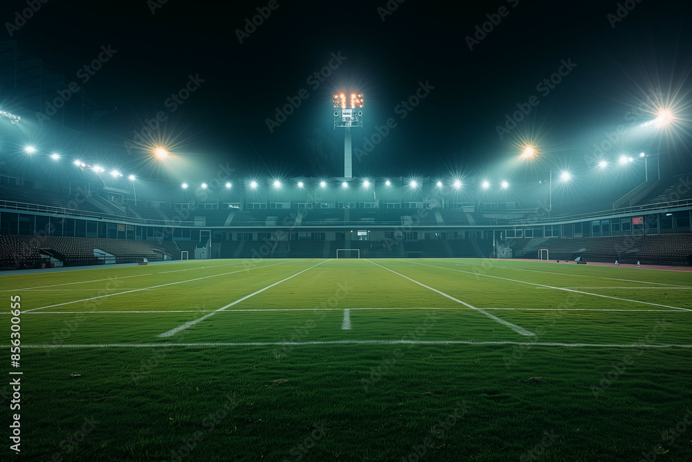 Fototapeta premium A Night View of a Large Empty Football Stadium Illuminated by Bright Stadium Lights, Highlighting the Lush Green Pitch