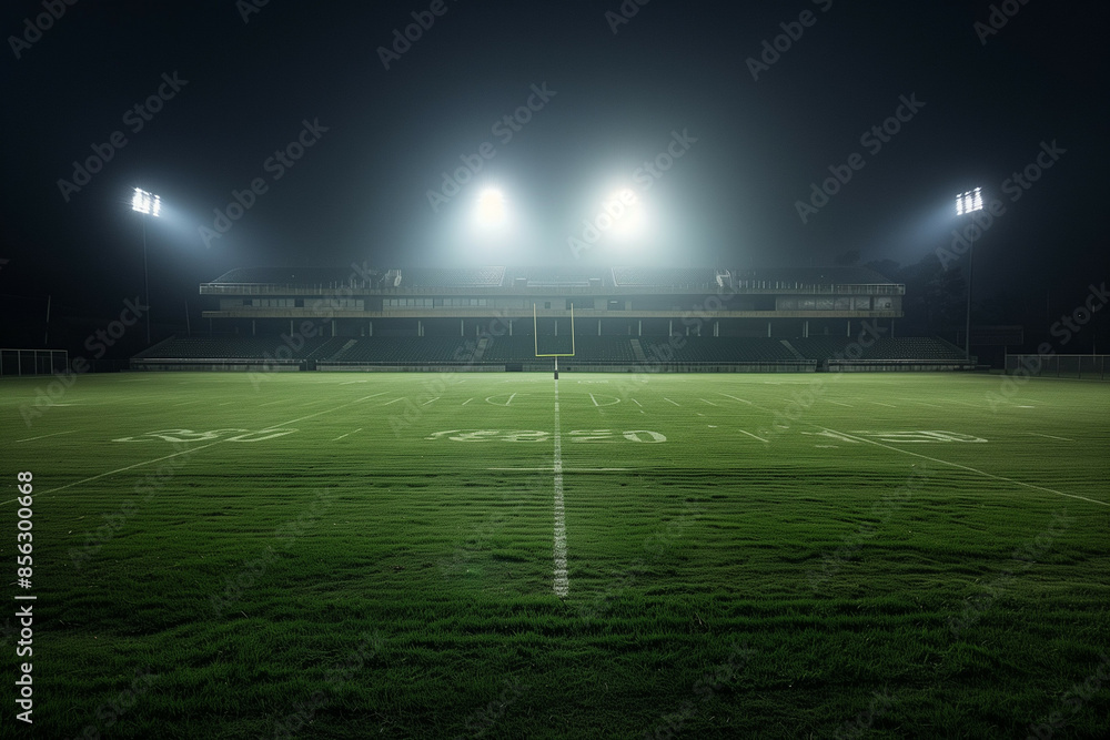 Fototapeta premium A night view of a large empty football stadium illuminated by bright floodlights, showcasing the lush green field and goal post under a foggy ambiance