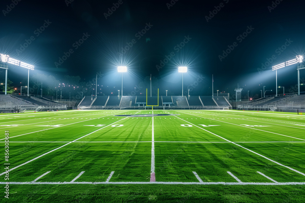 A Night View of a Large Empty Football Stadium Illuminated by Bright Floodlights, Showcasing the Vibrant Green Turf and Yard Lines Under a Clear Sky A Night View of a Large Empty Football Stadium Illuminated by Bright Floodlights, Showcasing the Vibrant Green Turf and Yard Lines Under a Clear Sky