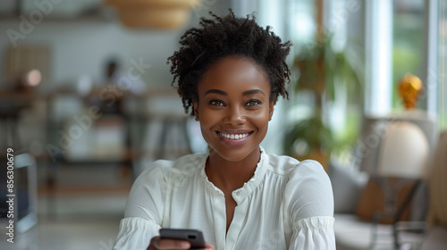 An African-American businesswoman smiling as she works at her desk in a modern office. 