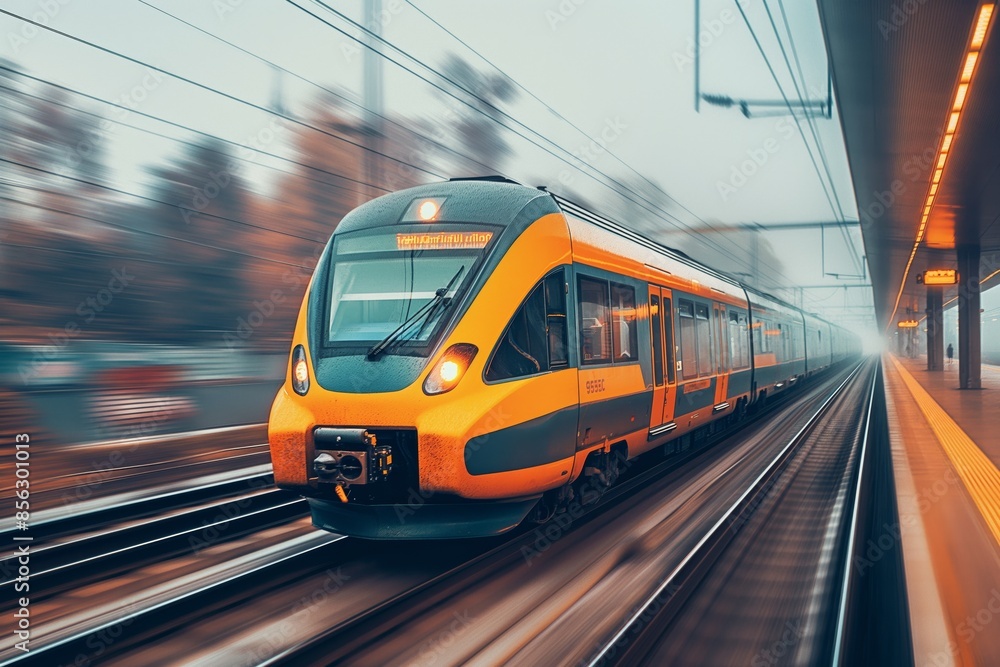 Naklejka premium An orange passenger train captured in motion on a cloudy day, creating an impression of speed and efficiency