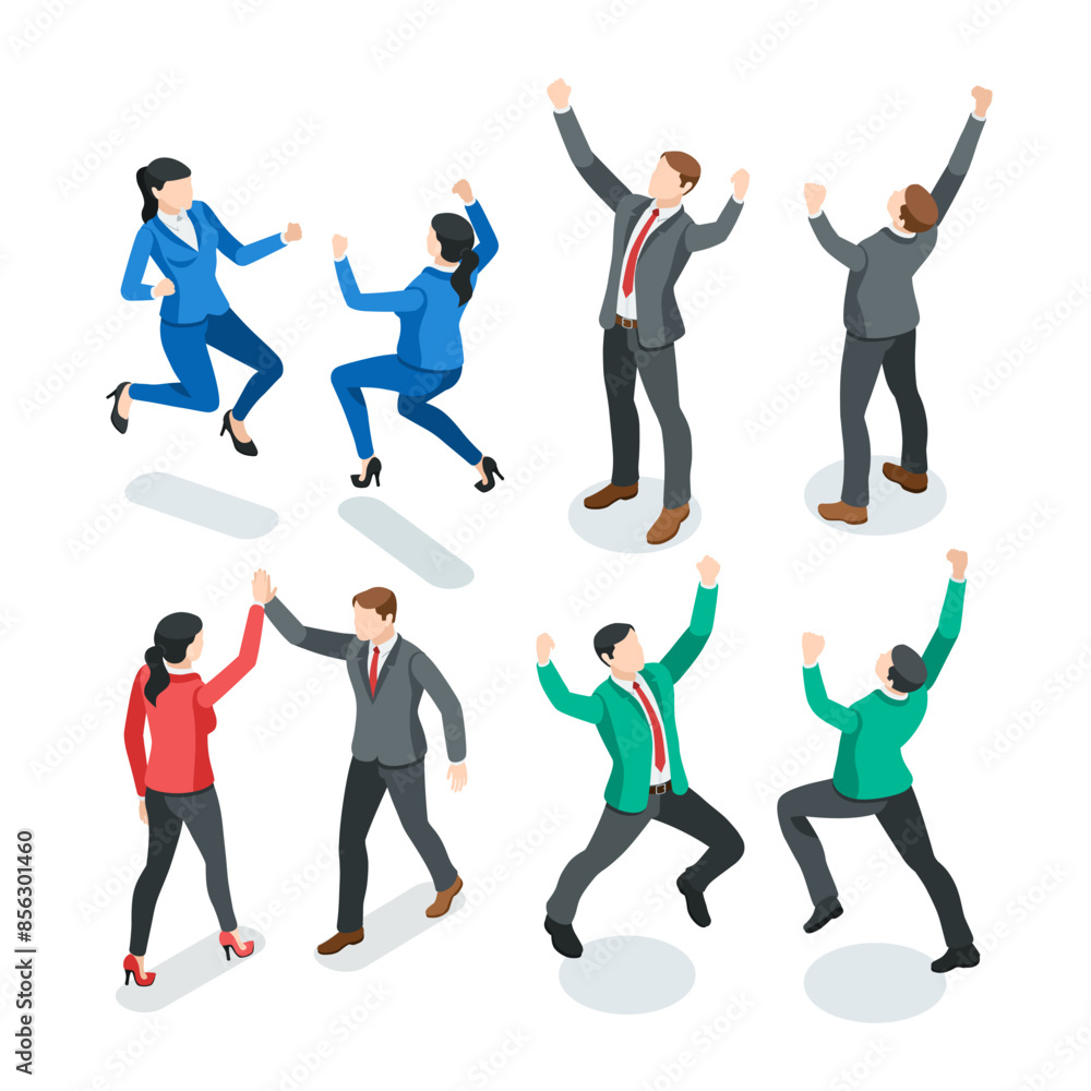 isometric vector set business people rejoice and have fun, in color on a white background, the joy of winning or achieving success isometric vector set business people rejoice and have fun, in color on a white background, the joy of winning or achieving success