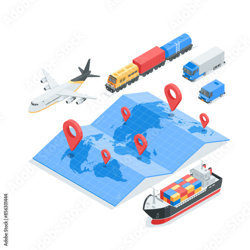 isometric vector transport for transporting goods by air by water and by land with a world map with location icons, in color on a white background, plane and train with ship and cars