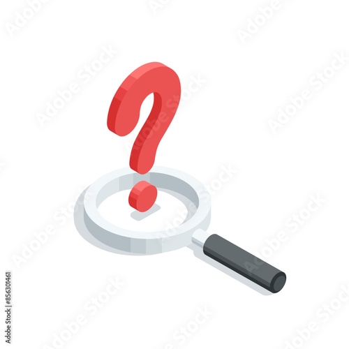 isometric vector big question mark and magnifying glass, in color on a white background, searching for a solution to a problem or analyzing it