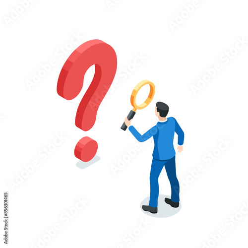 isometric vector business man with a magnifying glass looking at a big question mark, in color on a white background, searching for a solution to a problem or analyzing it