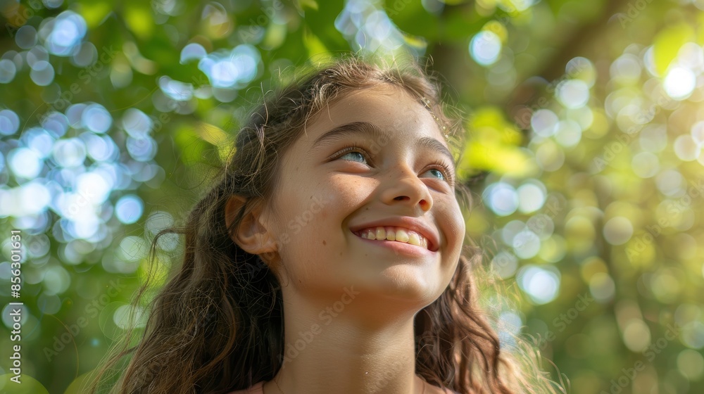 Outdoor Portrait Of A Smiling Adolescent Girl In A Woodland Area, Feeling Serene And Connected With Nature Outdoor Portrait Of A Smiling Adolescent Girl In A Woodland Area, Feeling Serene And Connected With Nature