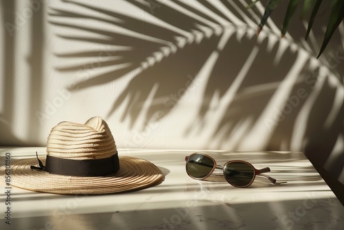 Wallpaper Mural This image captures the essence of a restful holiday moment with a stylish straw hat and sunglasses on a marble surface, beneath palm shadows that provide an abstract background and textured wallpape Torontodigital.ca