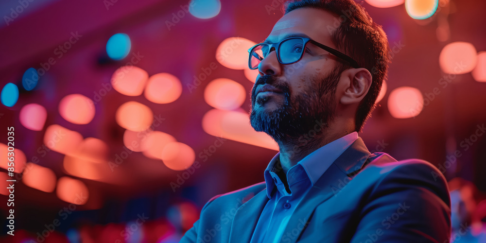 Software Developer Using Laptop Computer and Delivering a Motivational Speech on Stage Software Developer Using Laptop Computer and Delivering a Motivational Speech on Stage