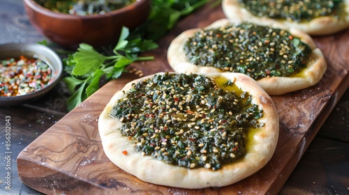 Try our mouthwatering homemade zaatar manakeesh. It's a classic Lebanese dish made with a pita bread topped with our special blend of herbs and spices. photo