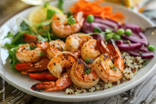 A beautifully arranged plate of grilled shrimp with a side of quinoa and vegetables