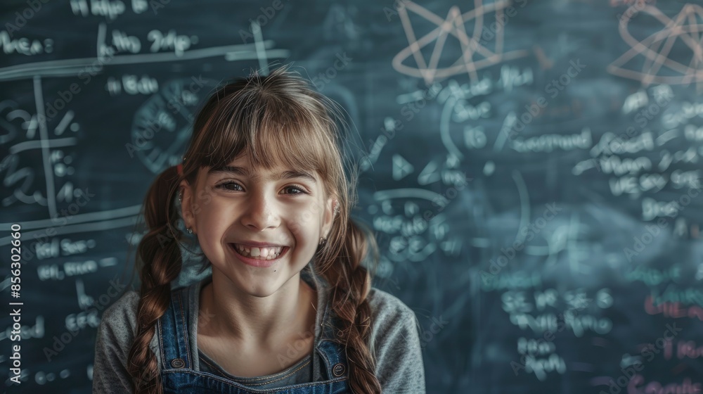 Portrait Of A Happy Girl Solving A Complex Math Problem On A Blackboard, Feeling Accomplished Portrait Of A Happy Girl Solving A Complex Math Problem On A Blackboard, Feeling Accomplished